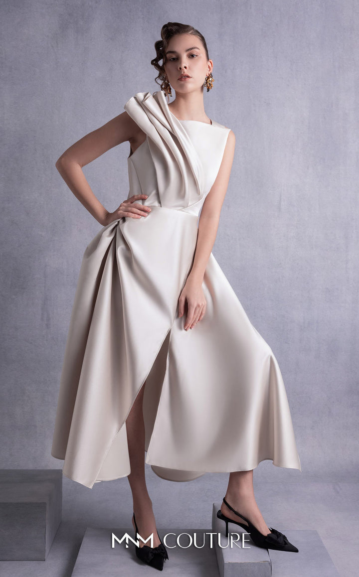 Gaby Charbachy GOS2517 sleeveless sculpted pleat midi dress with wrap skirt front view with hand on hip