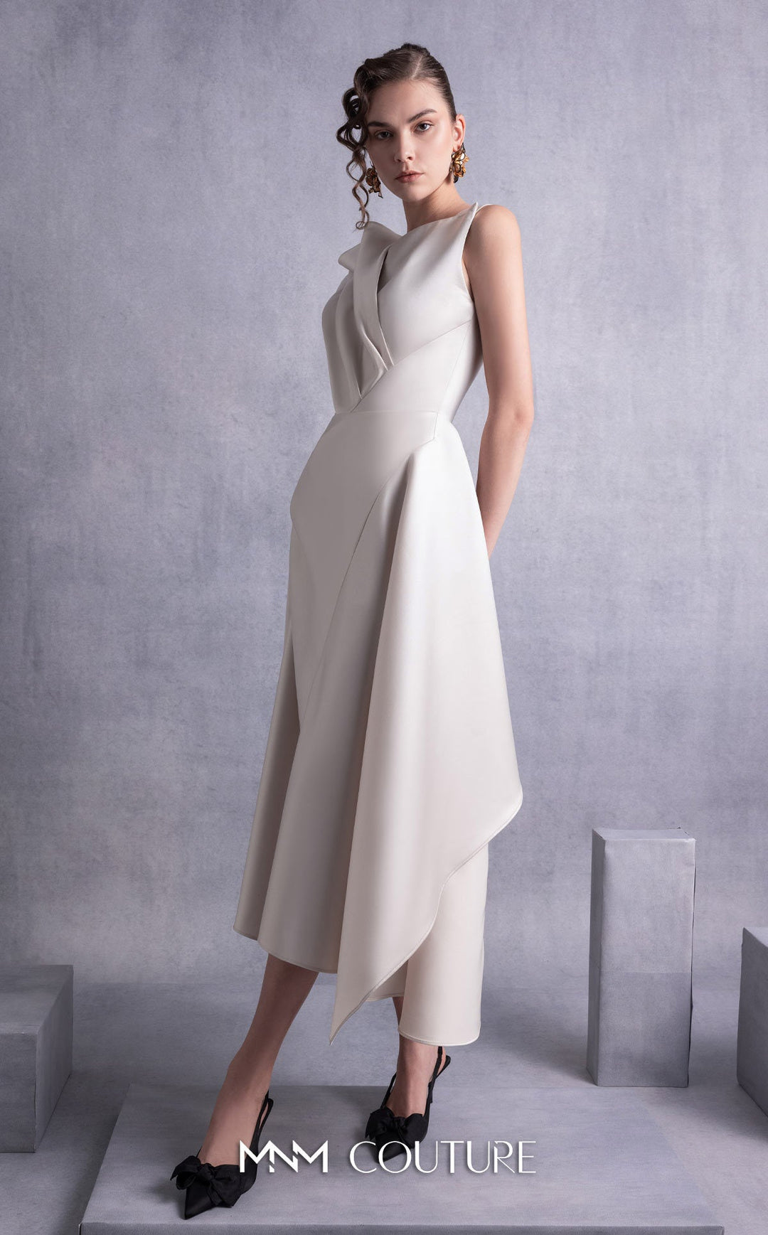 Gaby Charbachy GOS2517 sleeveless sculpted pleat midi dress with wrap skirt three-quarter view