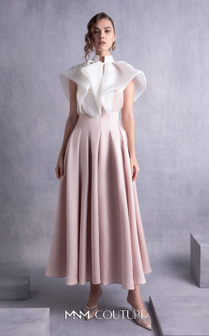 Gaby Charbachy GOS2524 sculpted ruffle collar blouse and pleated full skirt set front view