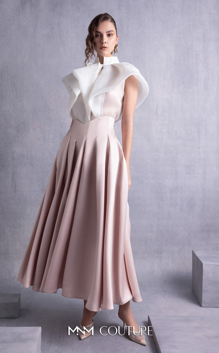 Gaby Charbachy GOS2524 sculpted ruffle collar blouse and pleated full skirt set three-quarter view