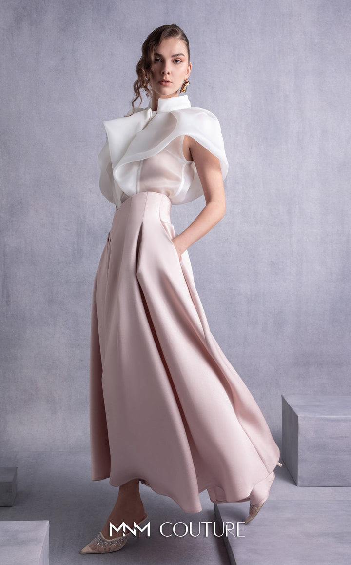 Gaby Charbachy GOS2524 sculpted ruffle collar blouse and pleated full skirt set side view