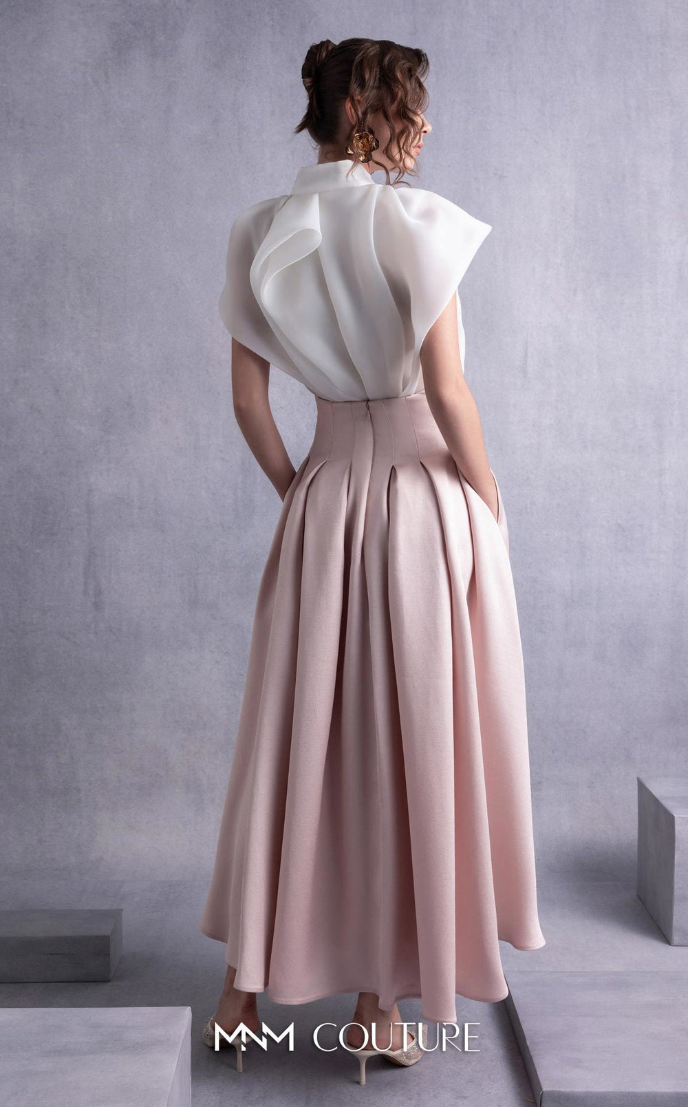 Gaby Charbachy GOS2524 sculpted ruffle collar blouse and pleated full skirt set back view