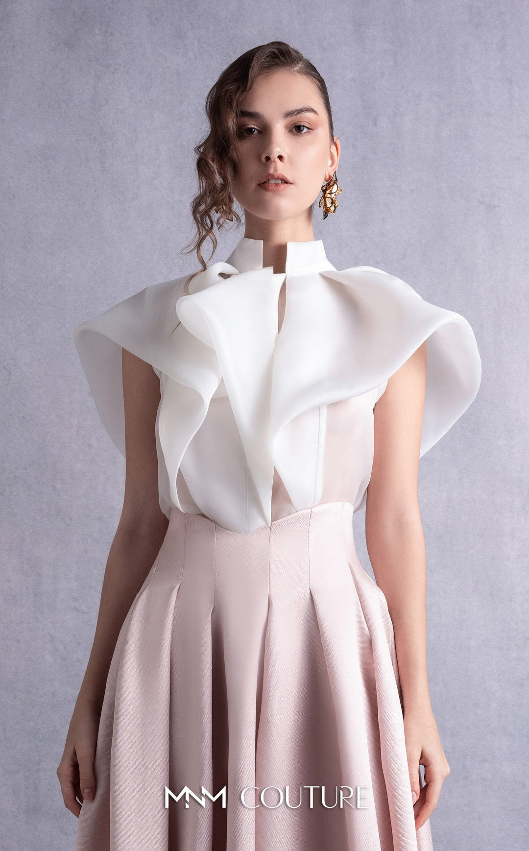 Gaby Charbachy GOS2524 sculpted ruffle collar blouse and pleated full skirt set top detail