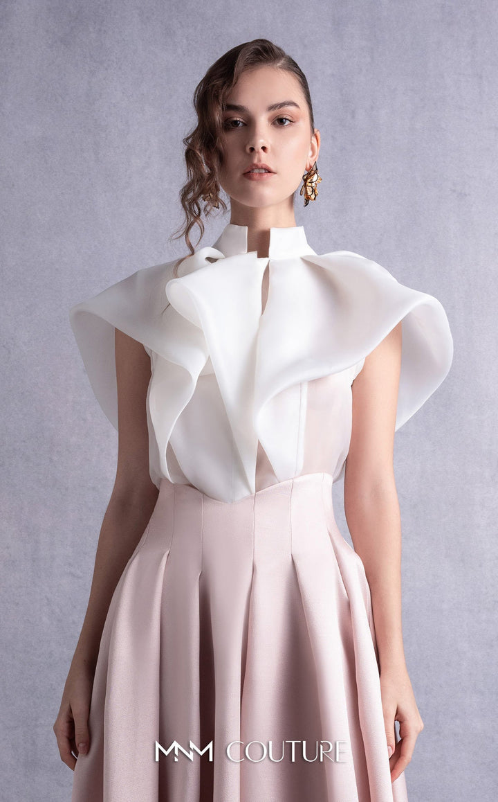 Gaby Charbachy GOS2524 sculpted ruffle collar blouse and pleated full skirt set top detail