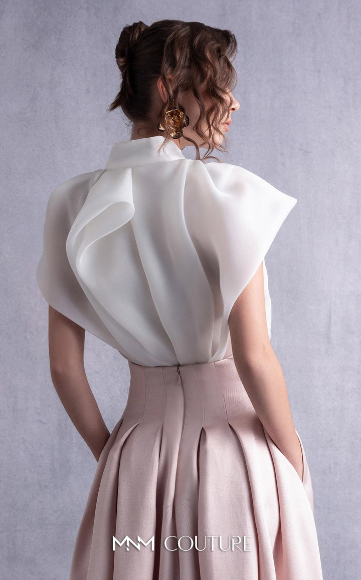 Gaby Charbachy GOS2524 sculpted ruffle collar blouse and pleated full skirt set back detail
