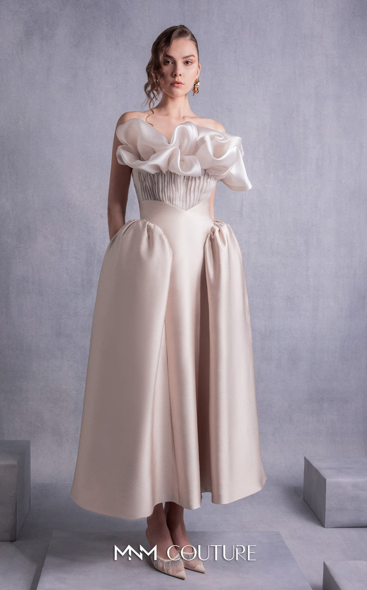 Gaby Charbachy GOS2531 strapless ruffle neckline midi dress with balloon skirt front view