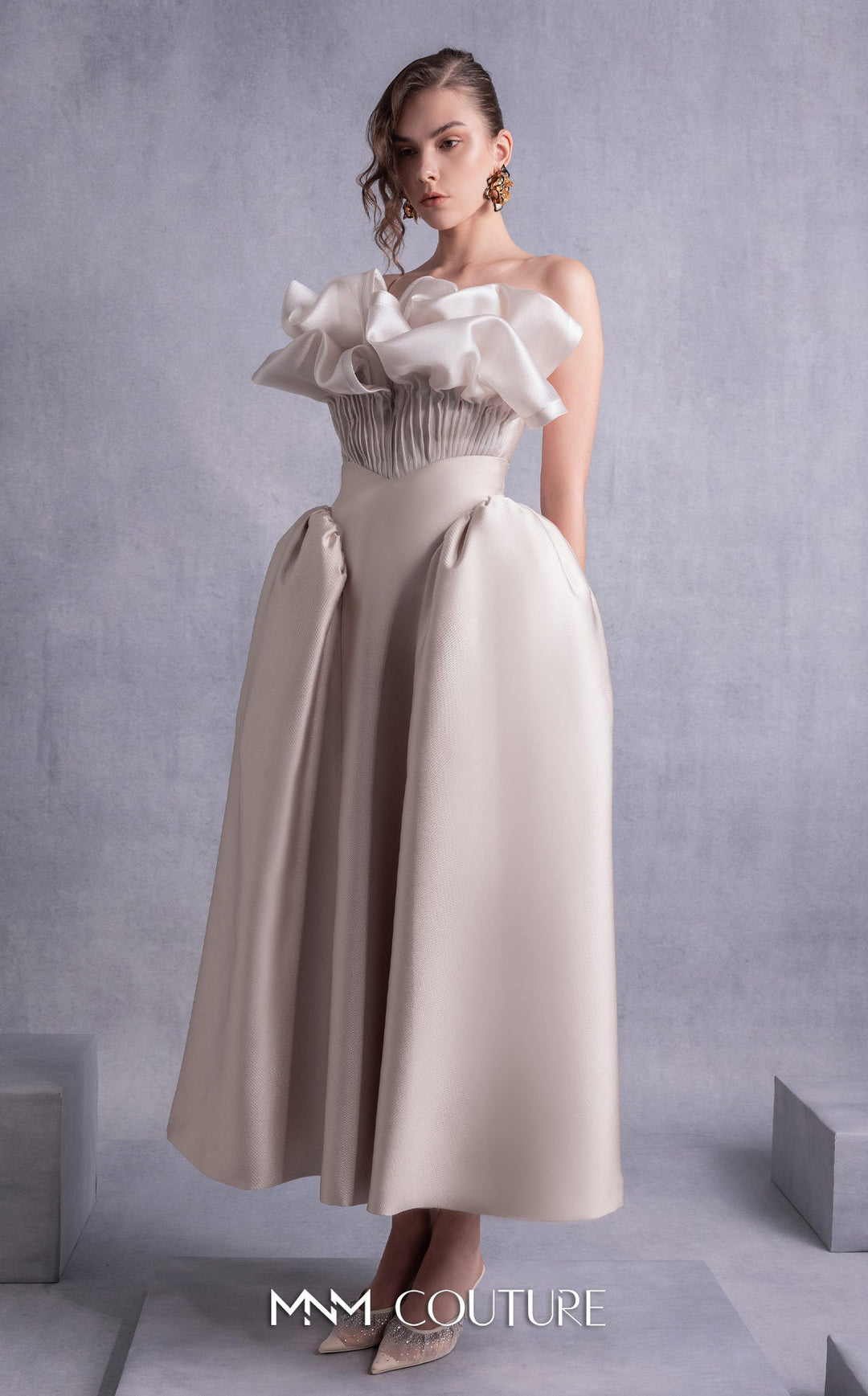 Gaby Charbachy GOS2531 strapless ruffle neckline midi dress with balloon skirt three-quarter view
