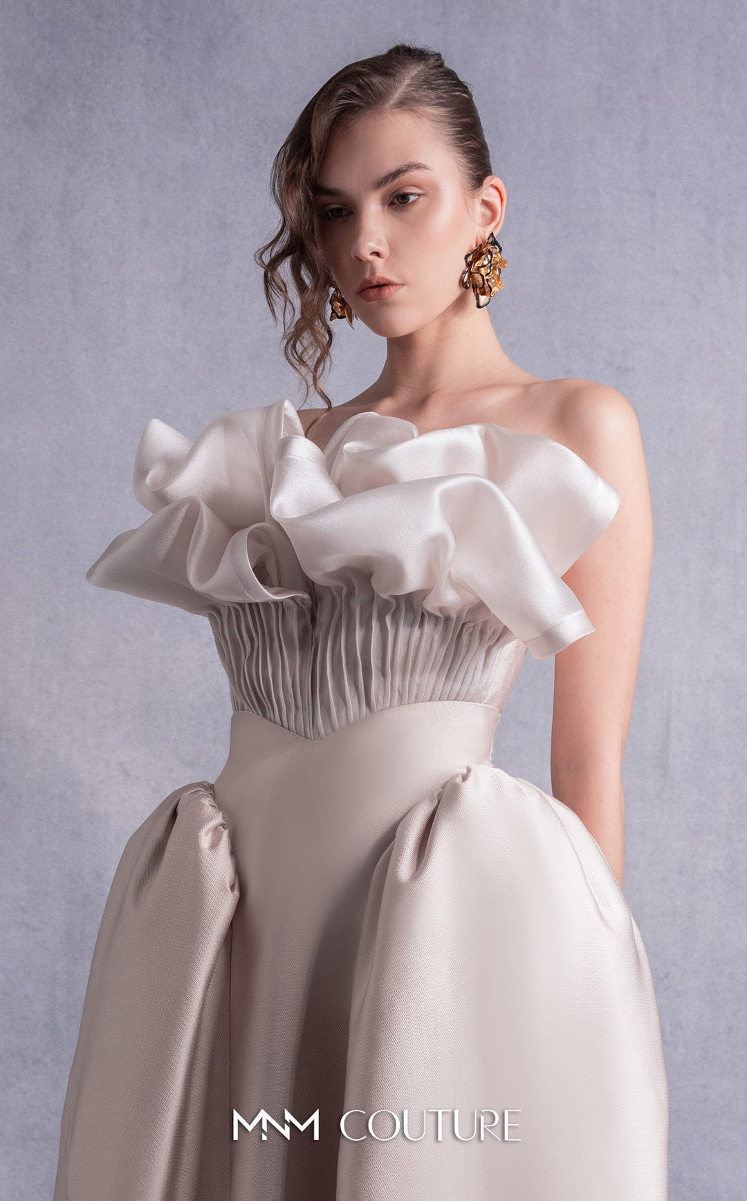 Gaby Charbachy GOS2531 strapless ruffle neckline midi dress with balloon skirt bodice detail