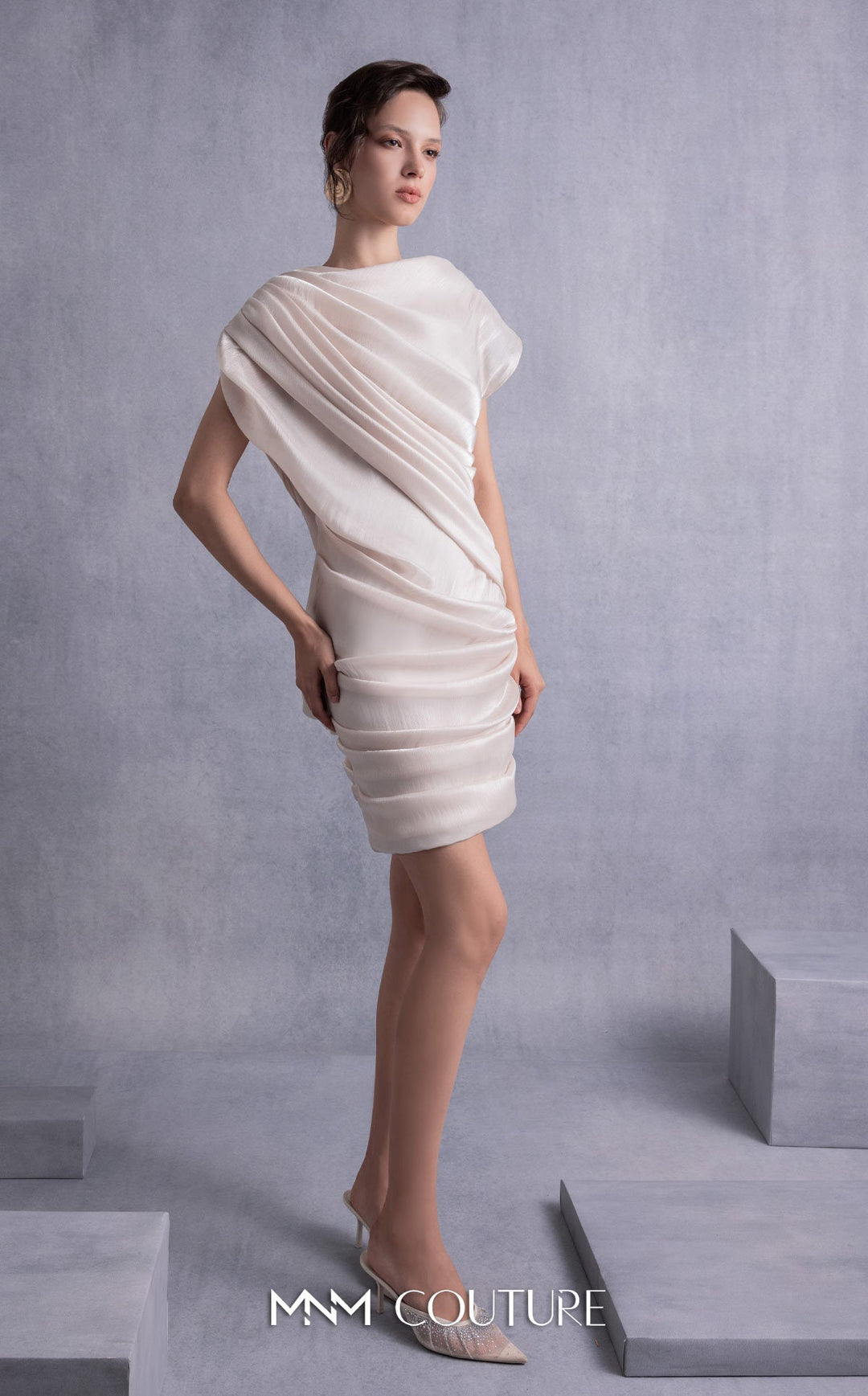 Gaby Charbachy GOS2533 draped cap sleeve dress with cowl back three-quarter view