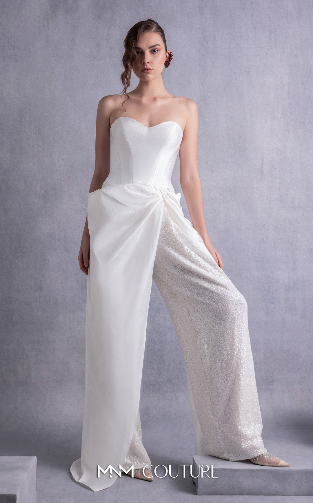 Gaby Charbachy GOS2540 strapless sweetheart jumpsuit with draped overskirt front view