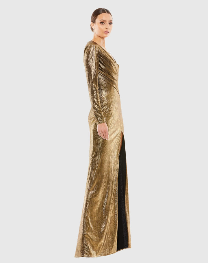 Mac Duggal 26684 Metallic Long Sleeve Asymmetrical Ruched Gown