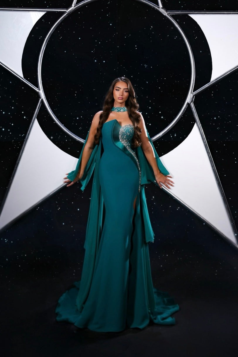 Delilah LD41031 Strapless Sweetheart Column Gown with Crystal Swoosh, Choker Drape and Slit - Turq front view