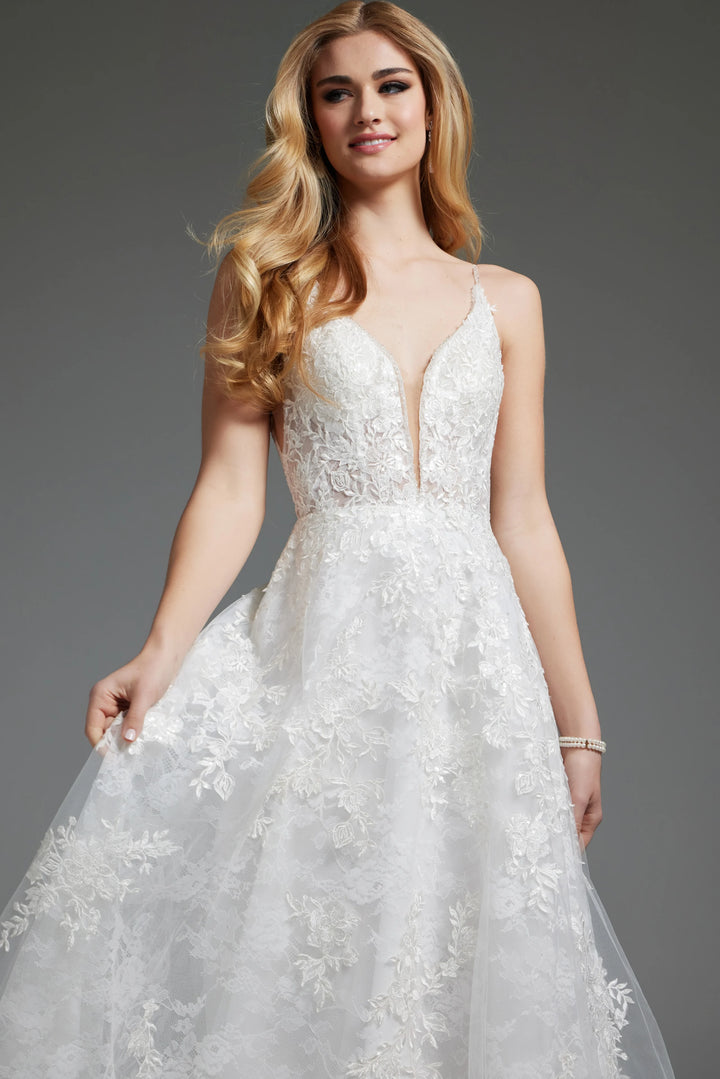 Jovani JB07147 Ivory Embellished Spaghetti Strap Bridal Ballgown - FOSTANI.com
