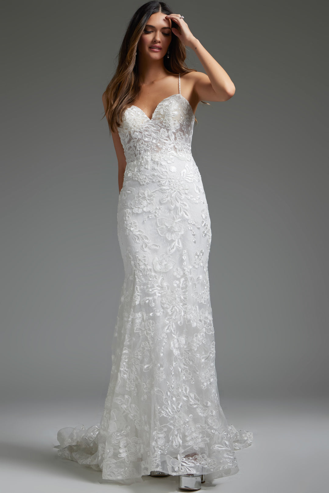 Jovani JB37538 Off White Spaghetti Straps Floral Embroidered Dress