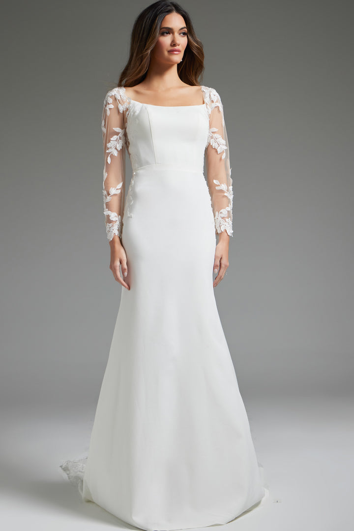Jovani JB42297 Ivory Long Sleeve Sheath Bridal Dress