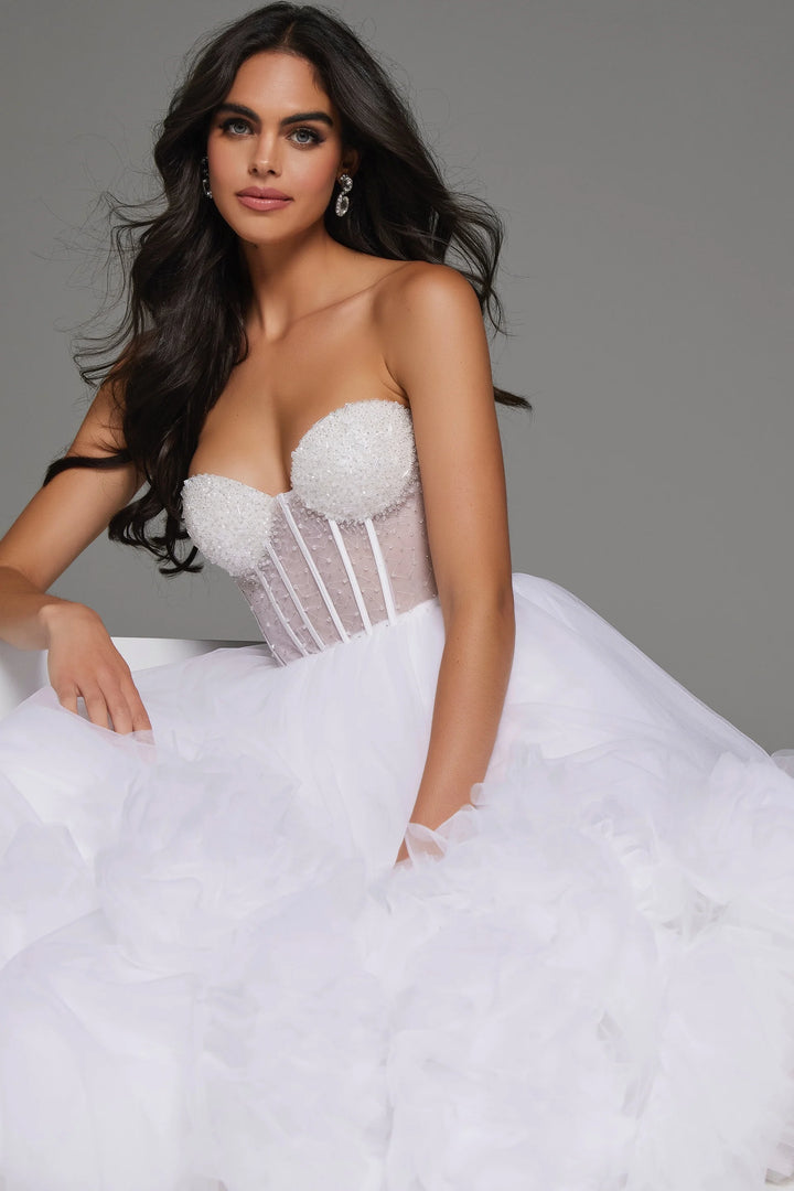 Jovani JB42782 Strapless A Line Wedding Dress with Floral Ruffle Details