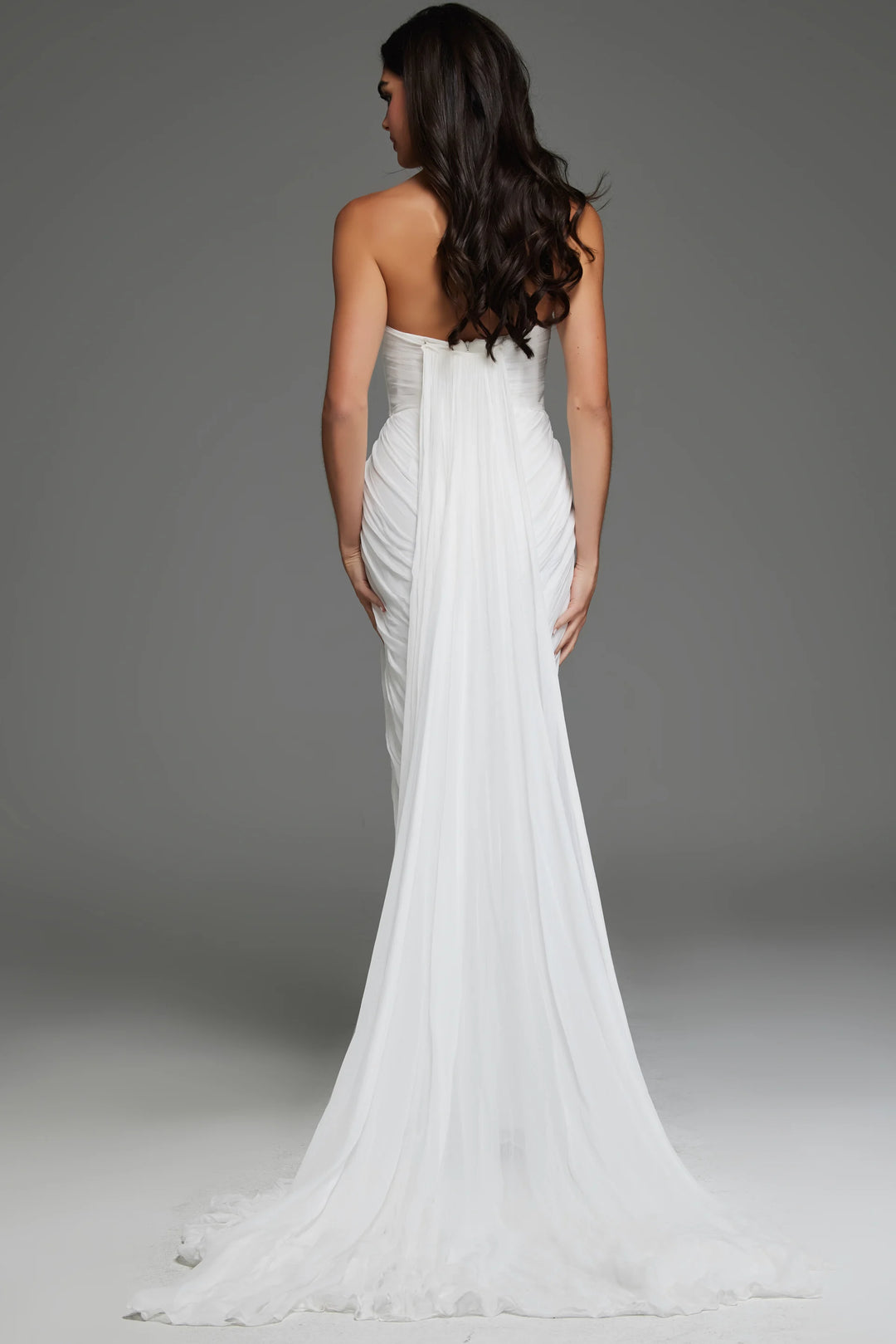 Jovani JB43897 Strapless Draped Bridal Gown with High Slit and Flowing Train