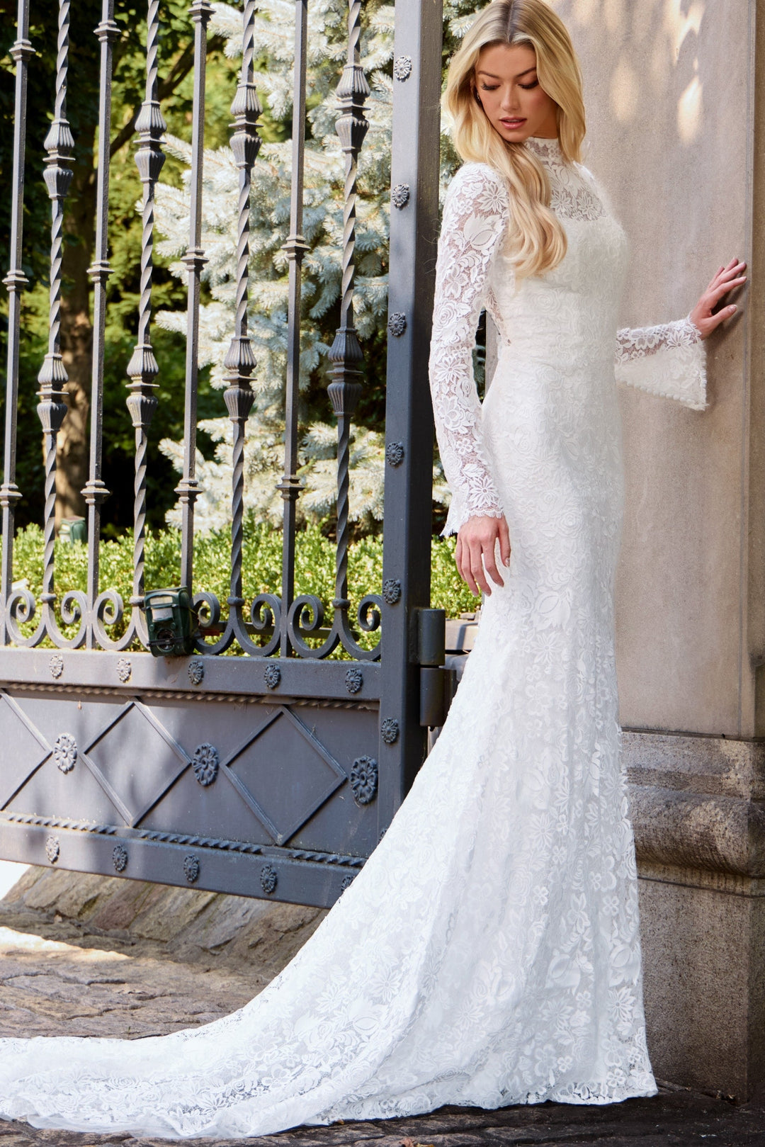 Jovani JB45767 High Neck Lace Wedding Dress Sheath Gown