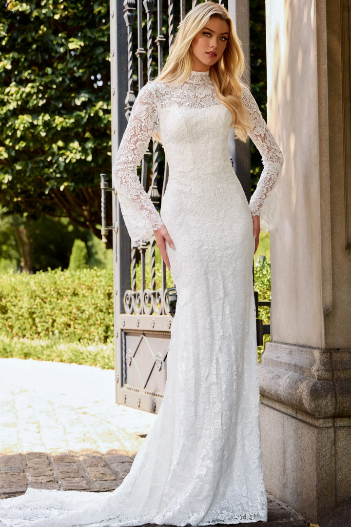 Jovani JB45767 High Neck Lace Wedding Dress Sheath Gown