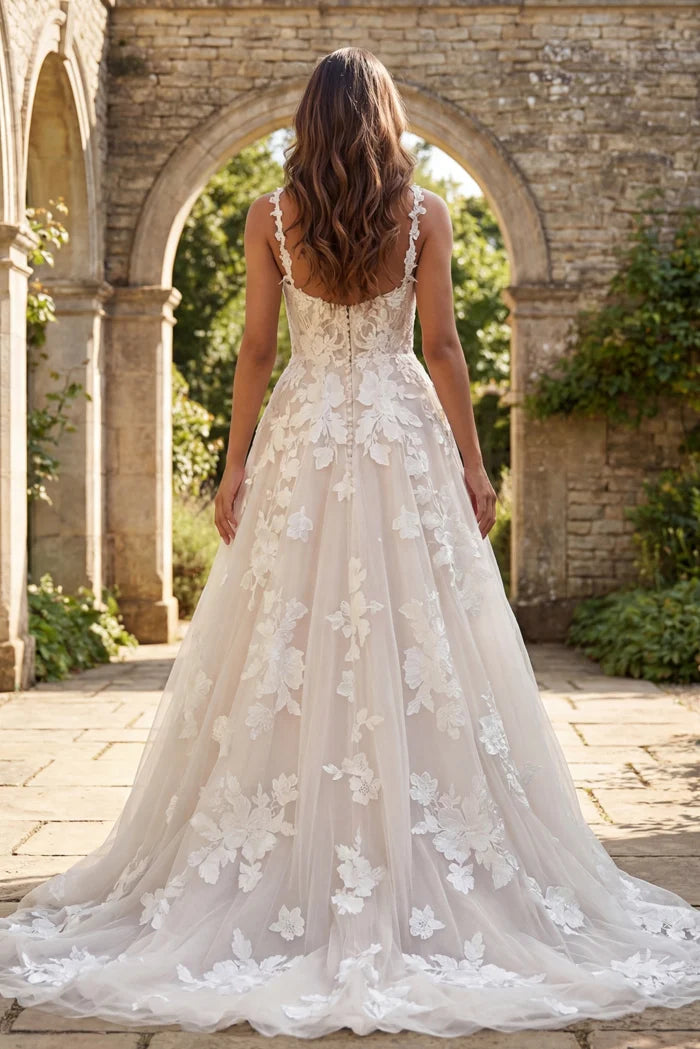 Jovani JB99062 Floral Lace A Line Bridal Gown With Sheer Bodice