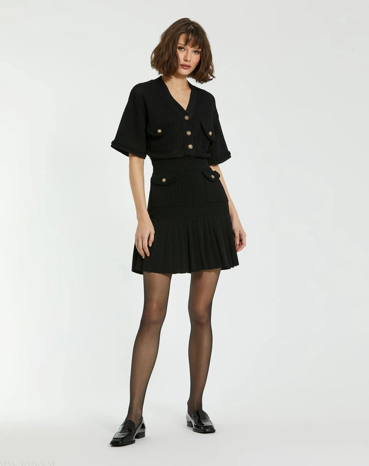 Mac Duggal K10042 Short Sleeve Button Front Crochet Knit Dress with Pleated Hem