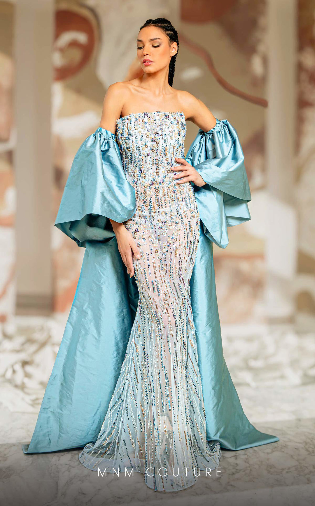 MNM Couture K4174A Strapless Beaded Column Evening Gown with Removable Sleeves