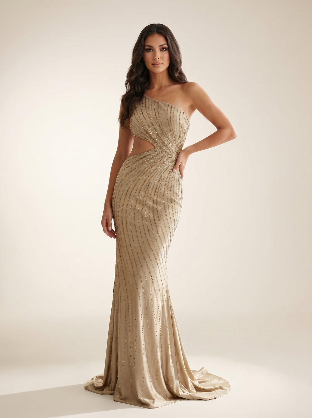 Modessa Couture MO26722 one-shoulder cutout evening gown alternate color front view