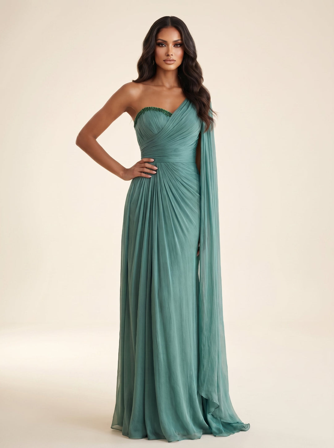 Modessa Couture MO26730 one-shoulder cape evening gown alternate color front view