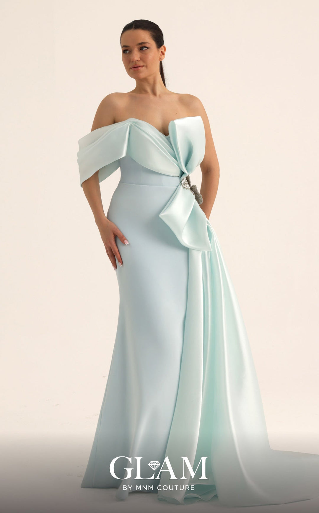MNM Couture O07802 Off-the-Shoulder Strapless-Cut Mermaid Couture Dress