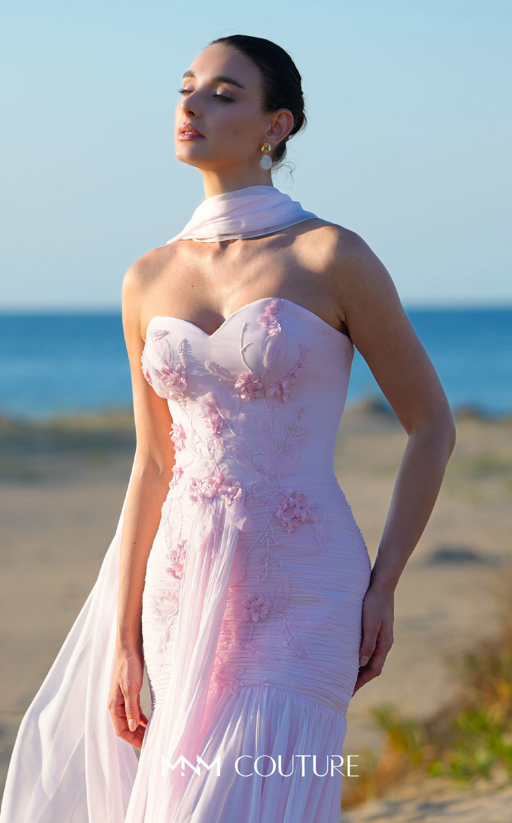 MNM Couture O09005 evening gown, ruched bodice and floral appliqué detail