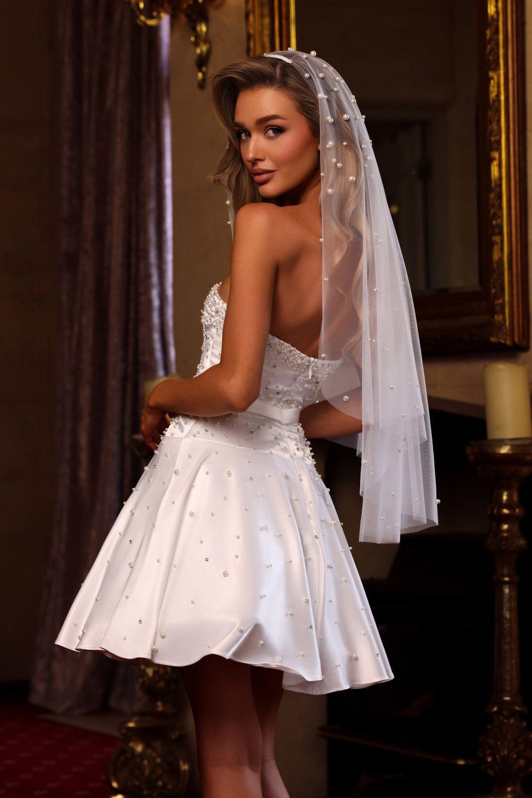 Portia & Scarlett PS26514 pearl bow bridal mini dress back view