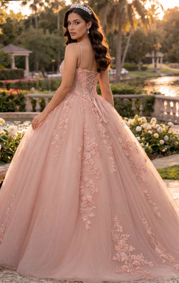 JovaniQ43431 Rose Gold Quinceañera Dress with Floral Appliques