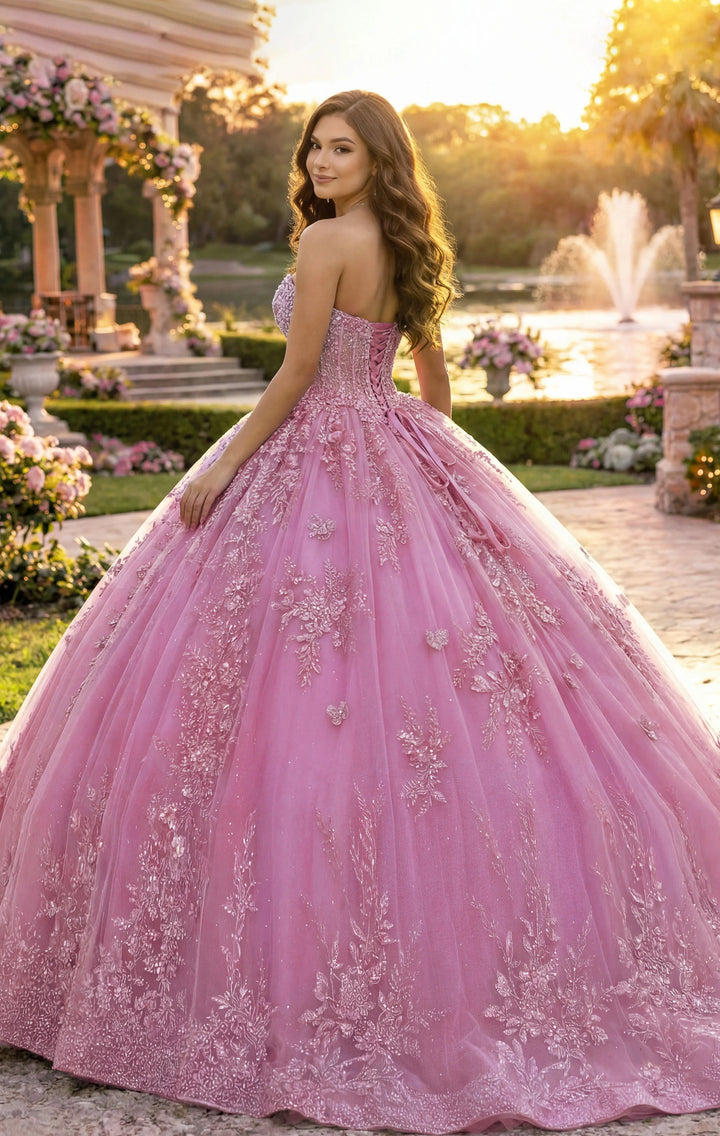 Jovani Q43812 Strapless Lavender Ball Gown with Floral Lace
