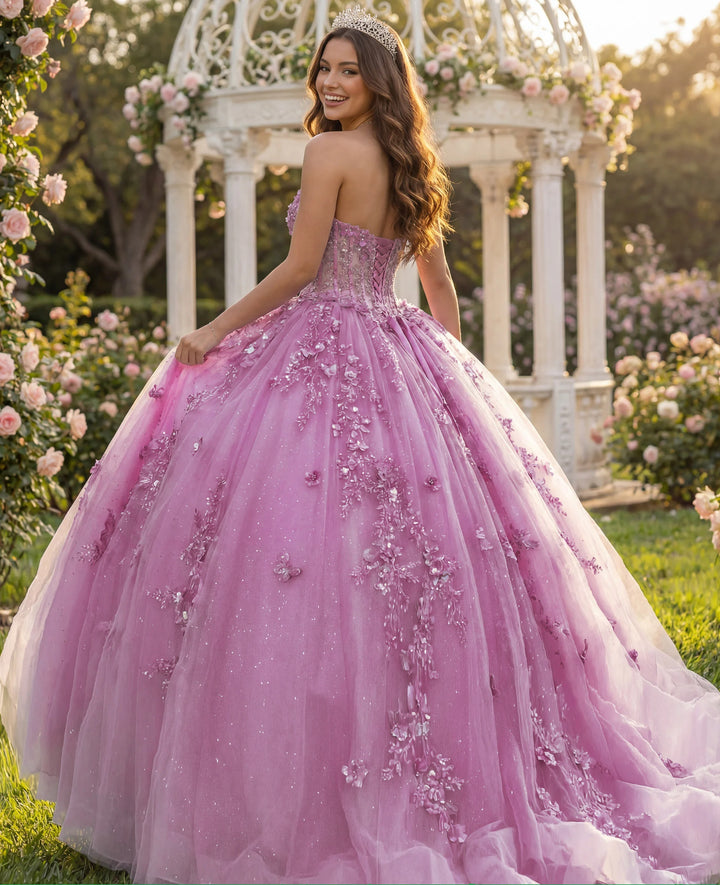 Jovani Q43812 Strapless Lavender Ball Gown with Floral Lace