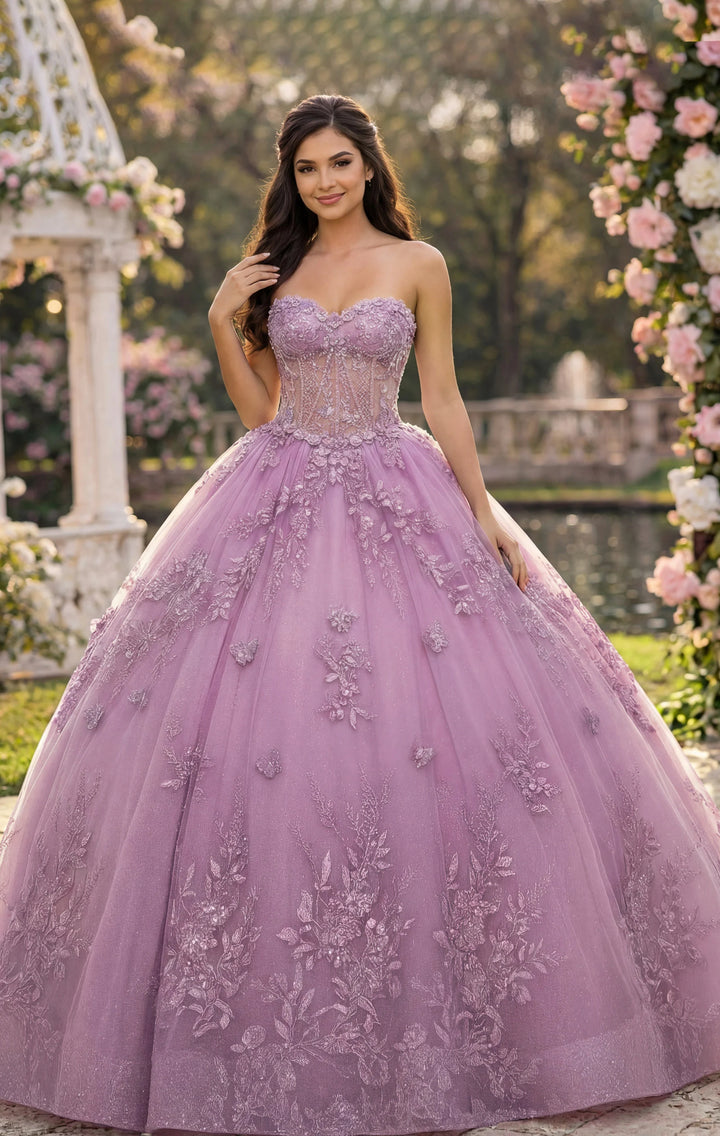 Jovani Q43812 Strapless Lavender Ball Gown with Floral Lace