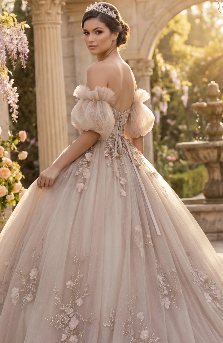 Jovani Q46662 Ball Gown with Puff Sleeves and Floral Embroidery