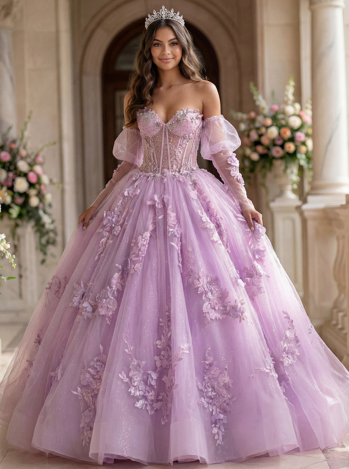Jovani Q46664 Lavender Ball Gown with Sheer Corset and Floral Lace