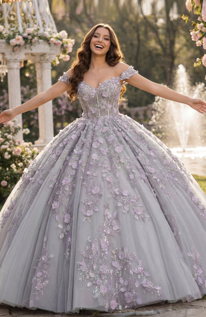 Jovani Q46665 Off Shoulder Ball Gown with 3D Floral Appliqué