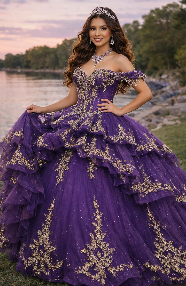 Jovani Q48439 Quinceañera Ball Gown with Gold Embroidery