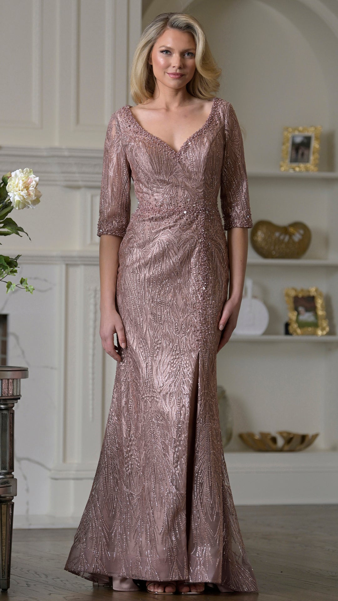 Rina Di Montella RD3530 V-Neck Fit-and-Flare Mother of the Bride Dress - front view