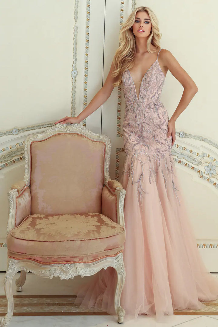 Jovani S62456 deep v-neck mermaid gown with sweep train detail view