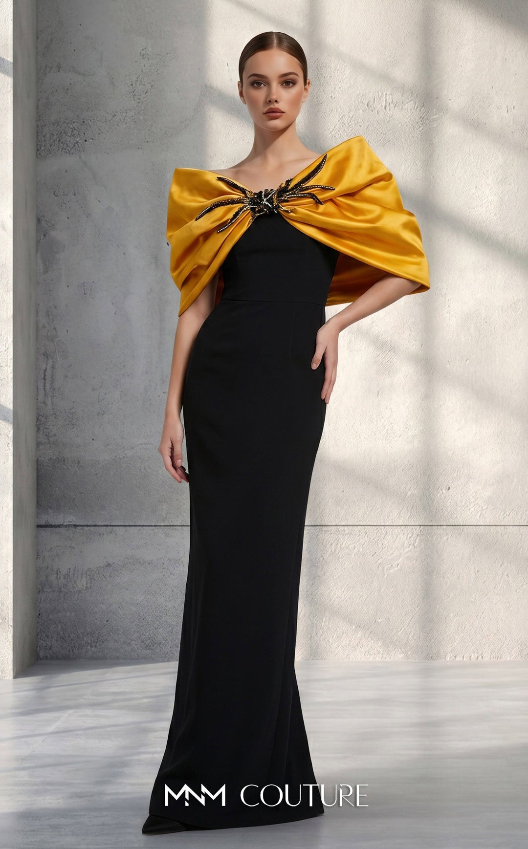 MNM Couture V07508 : Cap Sleeve Satin two colors Gown with Bow - FOSTANI.com