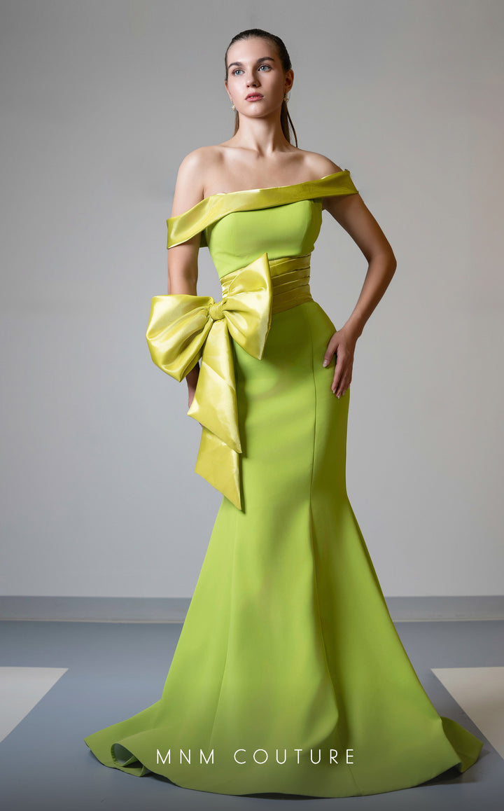 MNM Couture V07546 off-the-shoulder bow mermaid evening gown front