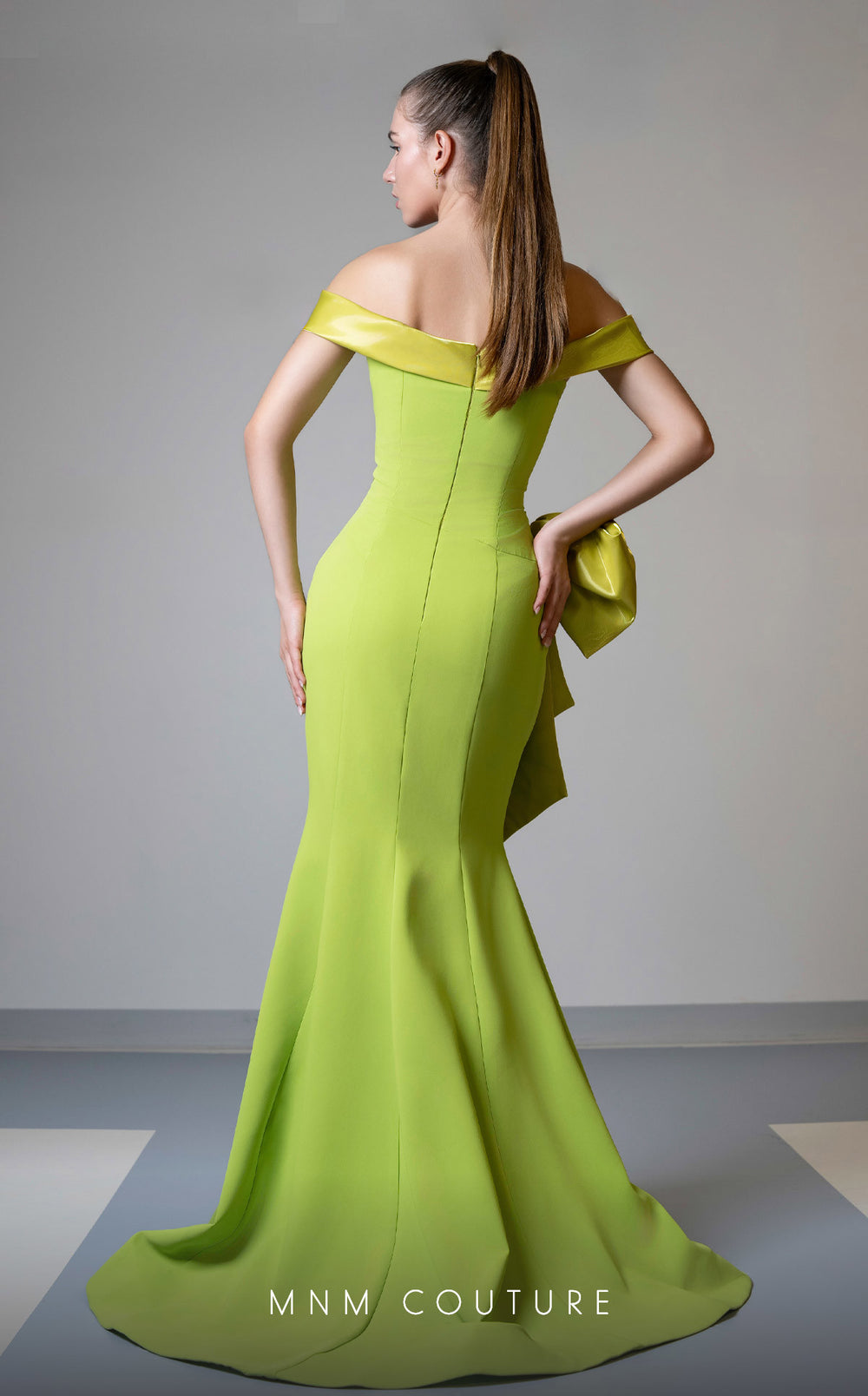 MNM Couture V07546 off-the-shoulder bow mermaid evening gown back