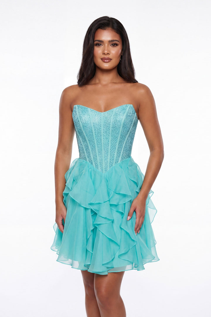 Portia & Scarlett XO217 corset cascading ruffle homecoming dress front view