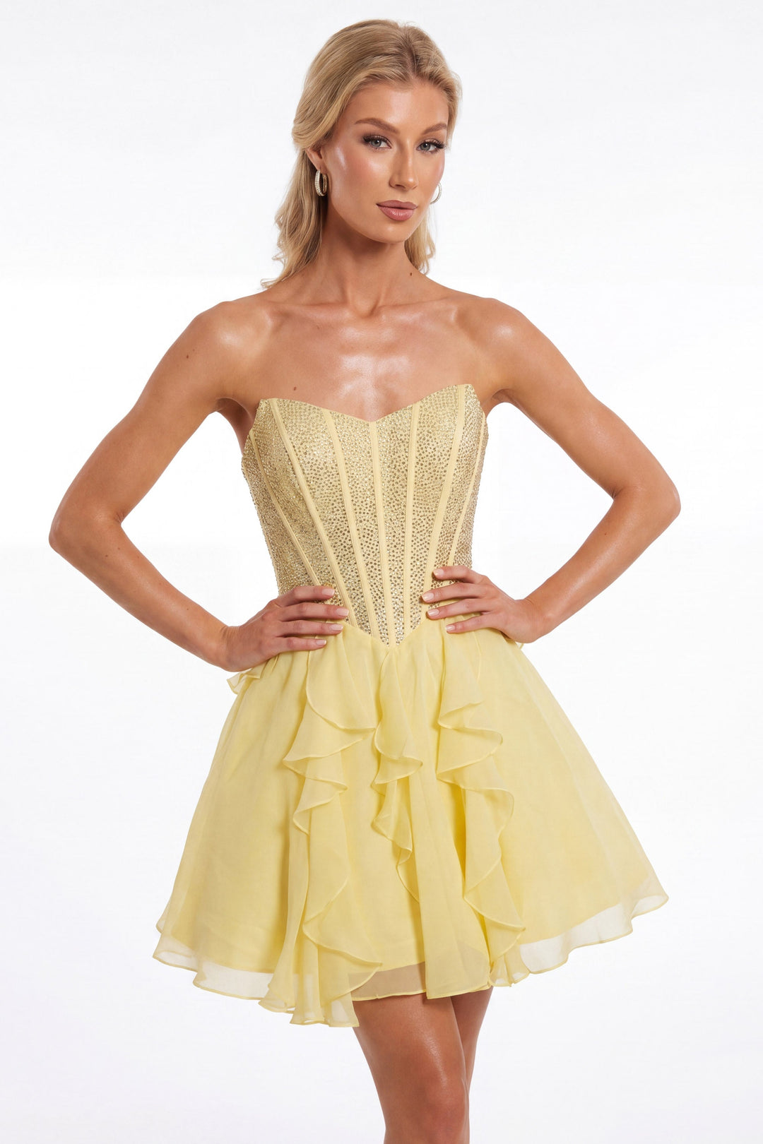 Portia & Scarlett XO217 corset cascading ruffle homecoming dress alternate front view 2