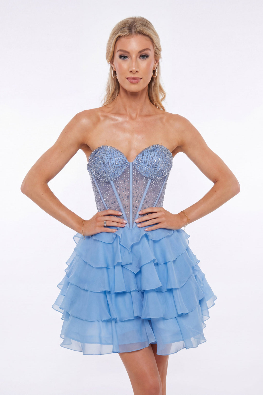 Portia & Scarlett XO218 crystal corset tiered ruffle homecoming dress alternate front view 2