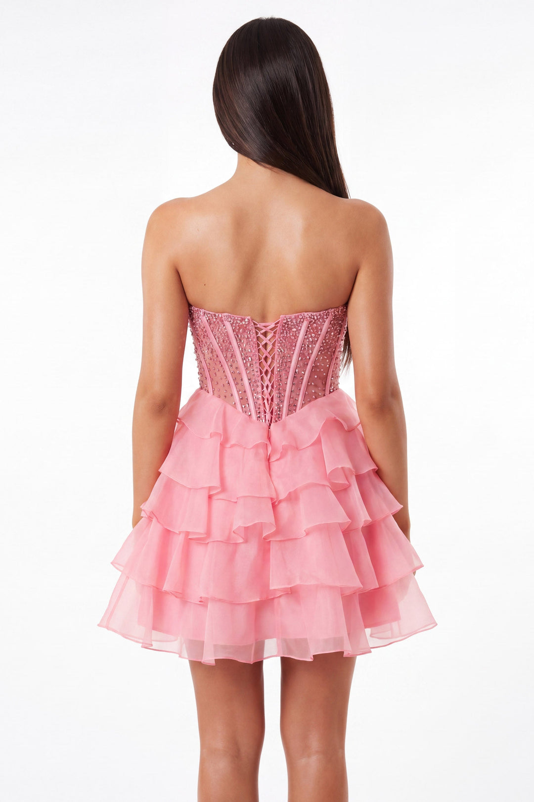 Portia & Scarlett XO218 crystal corset tiered ruffle homecoming dress lace-up back detail view
