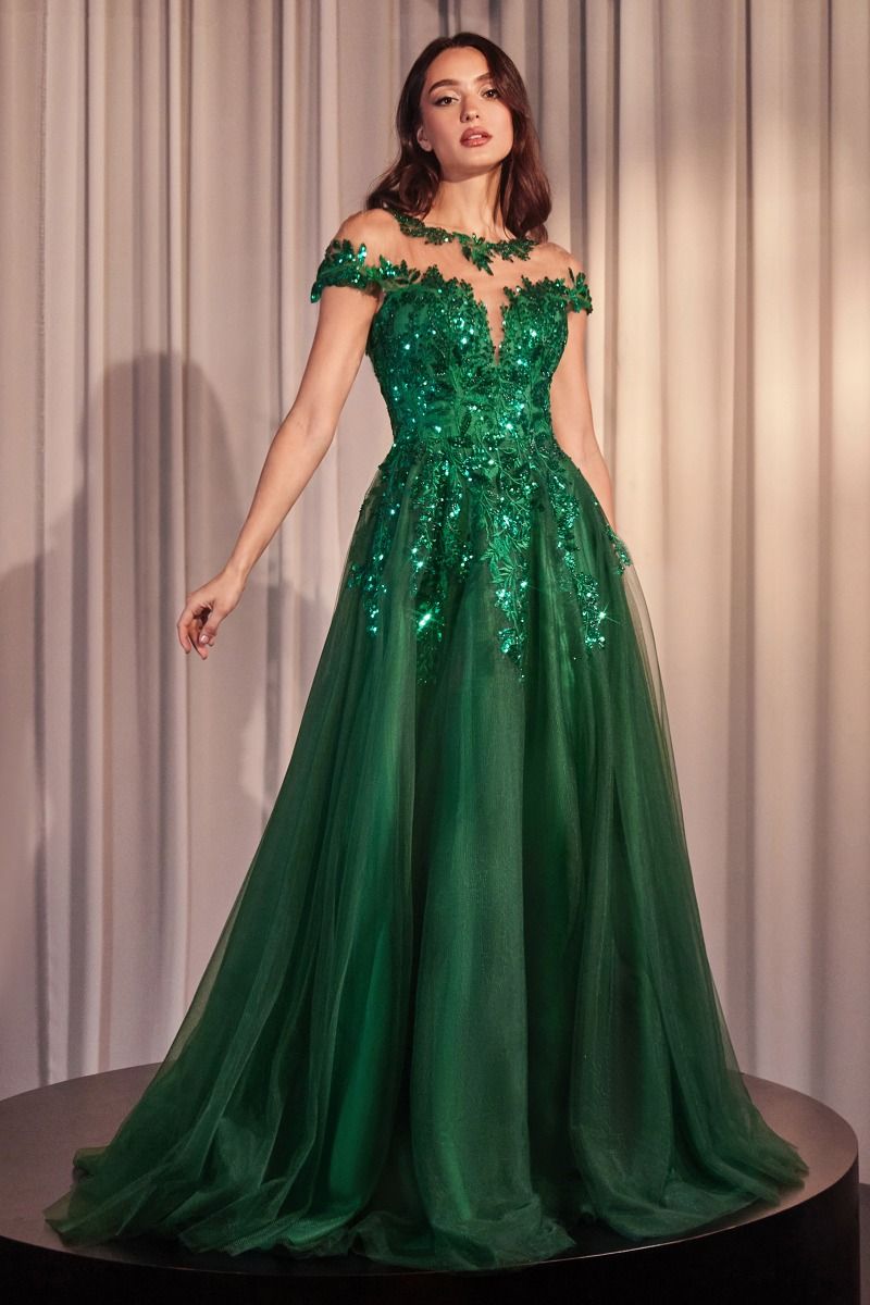 Andrea & Leo A1475 Couture Illusion Neck Cap Sleeve Embellished A-Line Ball Gown