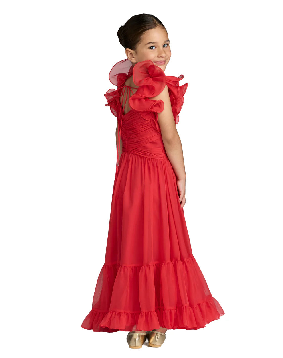 Mac Duggal 68669 Girls Floral Chiffon Ruffle Shoulder Dress